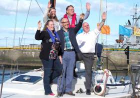 Noel Grealish, Independent TD for Galway West with event Chairperson Martin Breen and members of the ICRA/WIORA organising committee on board J109 Joie De Vie, Galway&#039;s Class One challenger in this year’s ICRA National Championships