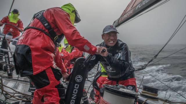 Horace grinding hard a few hours after the start on board Dongfeng Race Team, Sunday 20 May