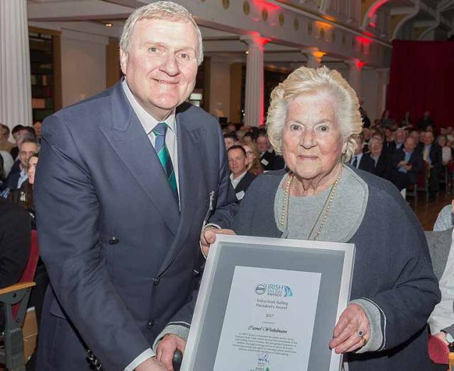 Carmel Winkelmann, Dun Laoghaire receives the President's Award from Jack Roy, President Irish Sailing at the Volvo Irish Sailing Awards 2018