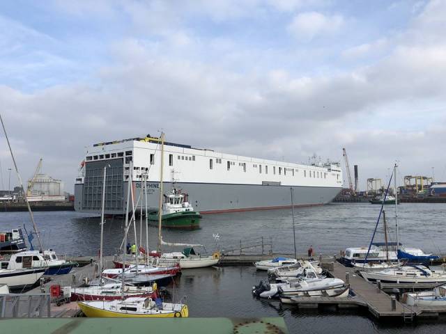 The brand new Delphine swings off Poolbeg Yacht & Boat Club in Dublin Port where the giant ro-ro ship made a maiden call to the capital port last week.