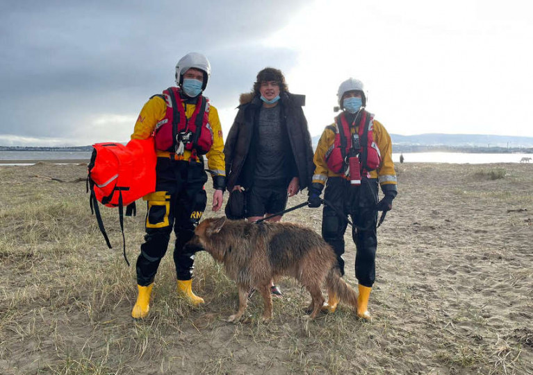 Hugo the dog and his walker with two of their rescuers