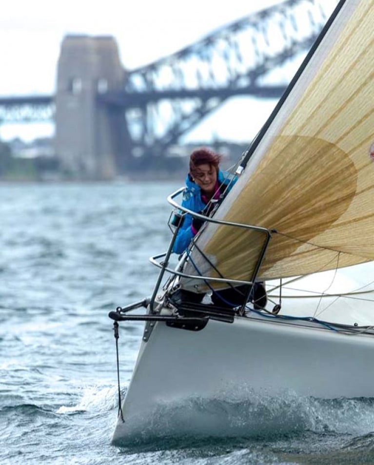Kinsale meets the famous Harbour Bridge. Stephanie Lyons busy on the bow of the successful Sydney 38 Wild One
