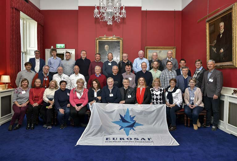 EUROSAF race officers are gathered at the Royal Irish Yacht Club in Dun Laoghaire for a Race Officials Conference hosted by Irish Sailing President  Jack Roy (pictured seated centre)