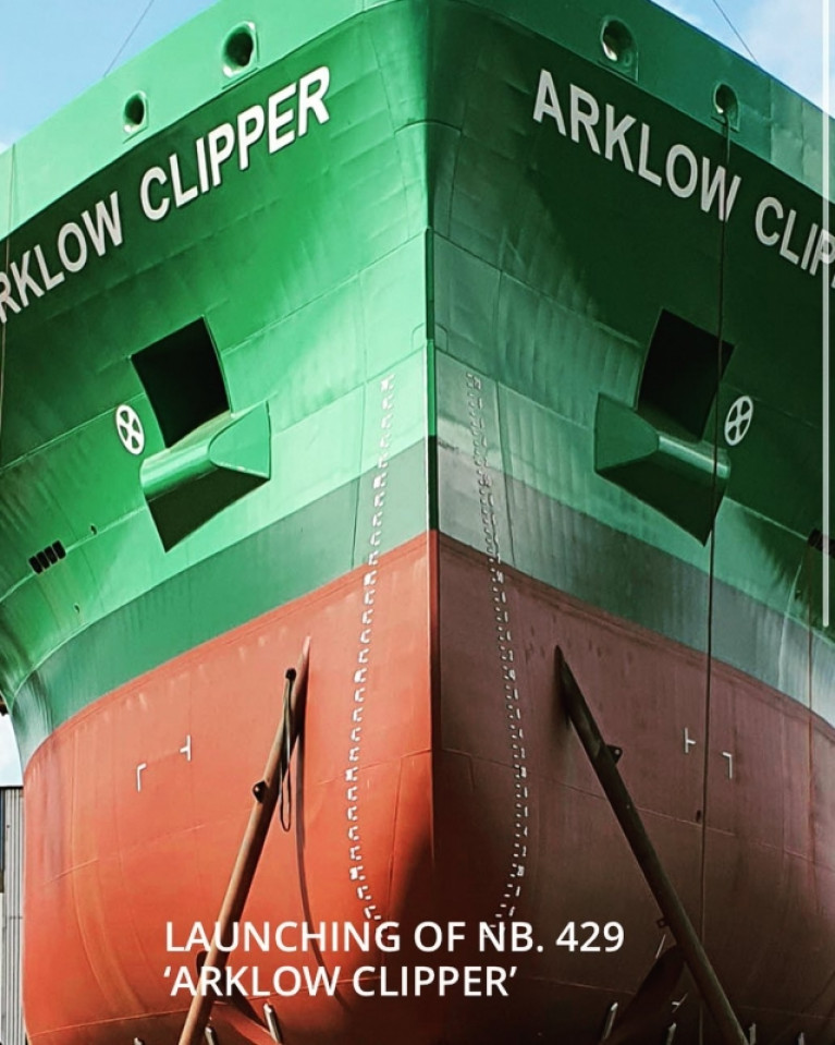 The bow of the new Irish cargoship, Arklow Clipper and prior to its launch this morning in the Netherlands. 