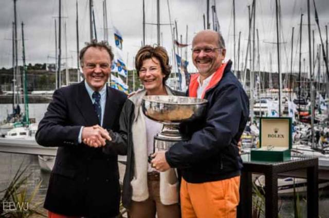 The RORC Commodore has to be omni-present at the conclusion of the biennia Fastnet Race. Michael Boyd is seen here (left) with Overall 2017 Winner Didier Gaodoux of the JNA 39 Lann Ael 2 and his wife in Plymouth