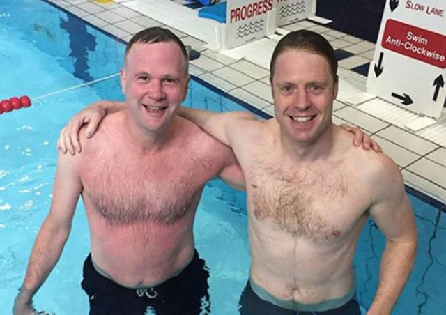 Guy O’Leary (right) after his swim with fellow cancer patient @mindfuljimbo