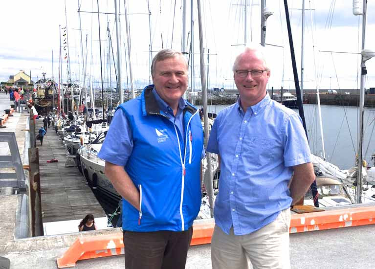 Irish Sailing President Jack Roy (left) with Cormac Mac Donncha at Kilronan in the Aran Islands in 2017 at the first staging there of the WIORA Championship, another Mac Donncha innovation.