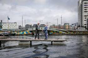 Fáilte Ireland chief Paul Kelly greets Waterways Ireland acting CEO John McDonagh at the latter’s office at Dublin’s Grand Canal Quay