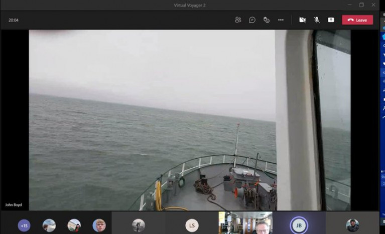 VIRTUAL VOYAGER: An 'online' view taken from RV Celtic Voyager's wheelhouse with below marine biology students ashore! taking in the 'live-streaming' from tutors while in Dublin Bay.  
