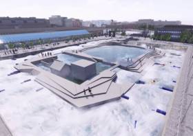 Still from an animation showing the proposed rafting centre in operation