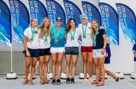 Royal Irish&#039;s Saskia Tidey (second from right) on the podium in Enoshima with her bronze medal
