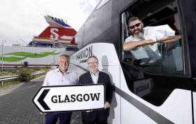 Bus &amp; Sail: Aodh Hannon (left) of Hannon Coach revealed plans to expand company’s direct luxury coach service between Belfast and Glasgow, Scotland (via Port of Cairnryan) to other towns across Northern Ireland. Also pictured is Stena Line’s Ian Baillie and driver Jim McAlorum
