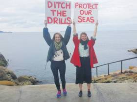 Kish Bank Oil Prospect: Green Party representatives Una Power and Sinead Mercier protesting in the Forty Foot, Sandycove on south Dublin Bay. Dalkey is another coastal suburb where Dublin Bay meets Killiney Bay.