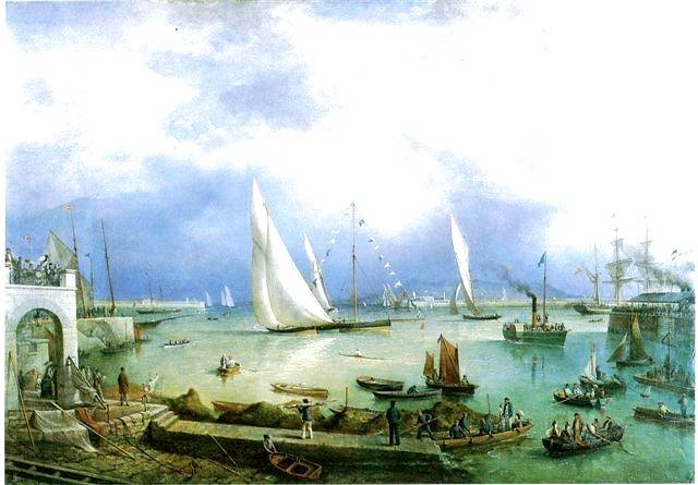A long way from the original very basic idea of an “Asylum Harbour” with just one breakwater at Dun Laoghaire. Richard Brydges Beechey’s painting of the Royal St George YC Regatta in Kingstown Royal Harbour in 1874 captures the essence of a Golden Era. Although most of the course was in the bay and out to the Kish, even the largest yachts were expected to round a markboats in the harbour close off the Clubhouse, and the finish was in the harbour