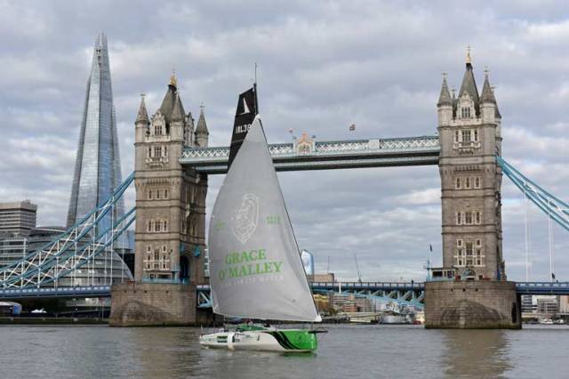 Joan Mulloy's ocean racing boat, Believe in Grace as she arrived at Tower Bridge London having completed a special trip from the West of Ireland to  London, retracing the route of her formidable ancestor, Grace O’Malley  Irish Pirate Queen who famously met with the Virgin Queen in 1593