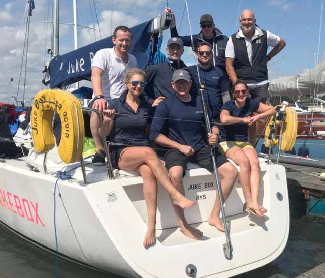 The Jukebox crew are the 2019 J109 UK Champions with tactician, RCYC Olympian Mark Mansfield (back right) and owner John Smart (second from left on back row)