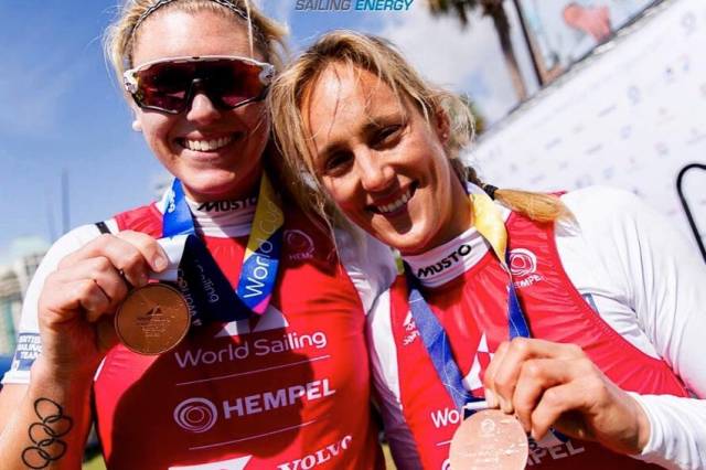 Saskia Tidey (left) and Charlotte Dobson with their bronze medals from the Hempel World Cup Series Miami in February this year