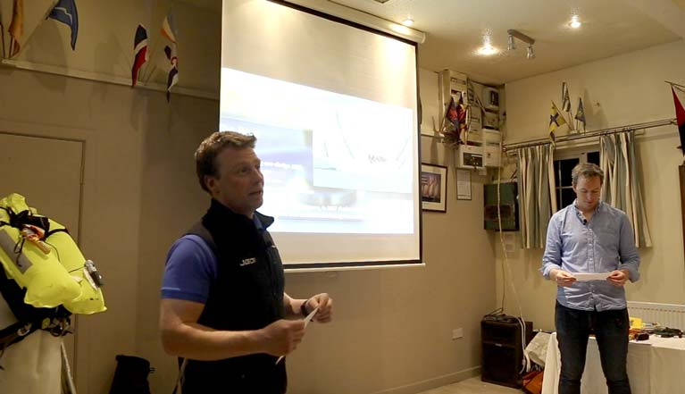 Kenny Rumball (left) and John White deliver the Man Overboard Lessons lecture at Wicklow Sailing Club after the 2018 Round Ireland Race. Watch the full video below