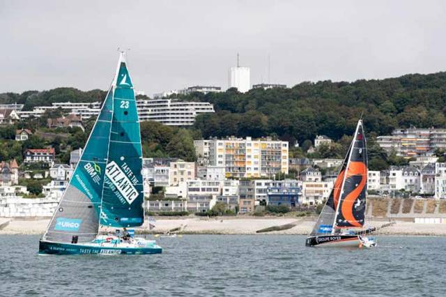 Joan Mulloy crosses ahead of Anthony Marchand in the Solitaire URGO Figaro Prologue Race this week. At the finish, however, Marchand was 20th while Mulloy had slipped to 28th. In an interesting marketing technique, the BIM-sponsored Taste the Atlantic livery on the Mulloy boat does not seem to mention Ireland anywhere at all.