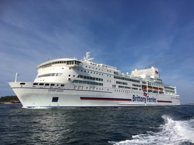Brittany Ferries 2017 seasonal Cork-Roscoff route had a 4% increase in passengers compared to the previous year. Above: Cruiseferry Pont-Aven Afloat adds has 'scrubber' funnel technology to reduce sulphur emissions, is seen in Spanish waters where the 40,000 gross tonnage cruiseferry is currently operating Santander-Portsmouth sailings. The cruiseferry will resume Ireland-France sailings in late March, 2018.