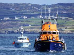 Holyhead’s all-weather lifeboat Christopher Pearce returning to shore with the stricken Irish vessel
