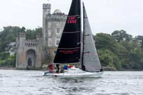 Cortegada (George Radley) crosses the finish, a transit between Committee boat and Blackrock Castle. Scroll down for photo gallery below