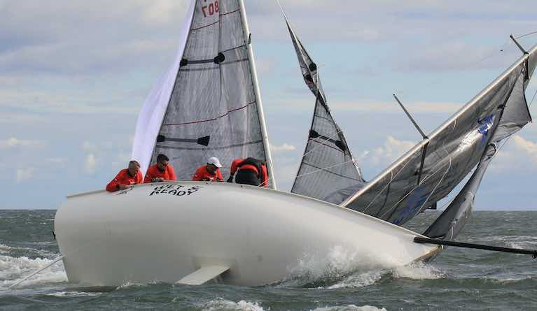 Dan O&#039;Grady&#039;s Wet &#039;N&#039;Black from Howth Yacht Club  in the windy conditions that prevailed on Day One of the 1720 Southern Championships off Roches Point