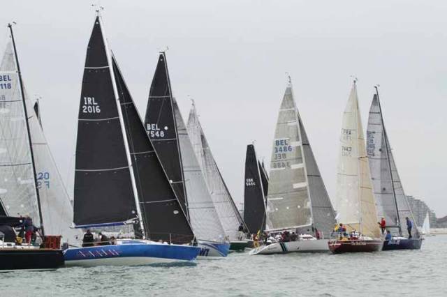 Dave Cullen's Checkmate XV (blue hull second from left) from Howth Yacht Club emerges in clear air in the light-wind start of yesterday’s opening race in the Half Ton Classics in Belgium