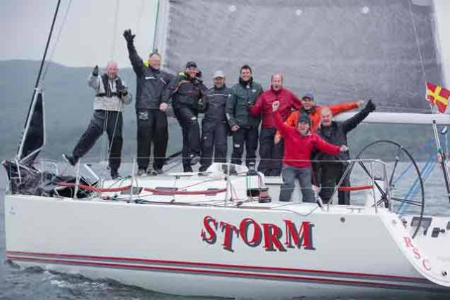 The victorious Storm crew from Rush Sailing Club celebrate on the Clyde includes Pat Kelly, David Kelly, Ronan Kelly, Paul Kelly, Paddy Kelly, Mark Ferguson, Sean Murphy, Marty O'Leary Alan Ruigrok and Kevin Sheridan