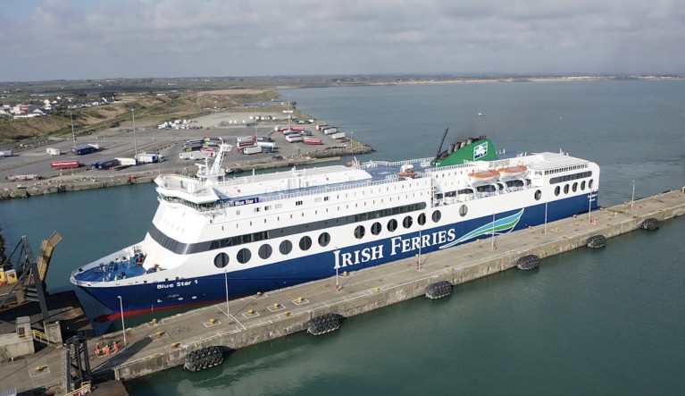 Irish Ferries parent owner, ICG released trading update on Volumes. Above the chartered in ropax Blue Star 1 at Rosslare Harbour from where it operates to Pembroke, south Wales. 