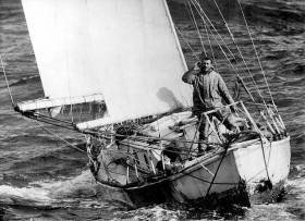 Sir Robin Knox-Johnston returning to Falmouth on Suhaili on this day in 1969
