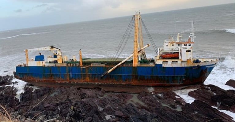 Alta aground and in an unstable condition on an inaccessible stretch of coastline west of Ballycotton, Co. Cork 