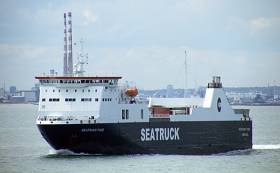 Underway in Dublin Bay, Seatruck Pace that operates for the Irish Sea operator that has been short-listed for an award at next month&#039;s Lloyd&#039;s List Global Awards