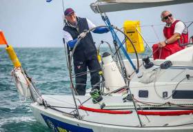 Busy men. Mark Mansfield on the wheel and Maurice “Prof” O’Connell optimising the trim on Dave Cullen’s J/109 Euro Car Parks at the start of the Volvo Round Ireland Race 2016, in which they won their class - the only Irish boat to do so. While the boat - in her other life, she’s the Kelly family’s Storm - has been an ICRA “Boat of the Year” in past seasons, at last weekend’s ICRA National Conference in Limerick, Mark Mansfield was present to collect the “Boat of the Year” award on behalf of John Maybury’s J/109 Joker 2, his regular mount. And the Prof was there to tell us about winning the Melges 24 Worlds in Conor Clarke’s Melges 24 Embarr