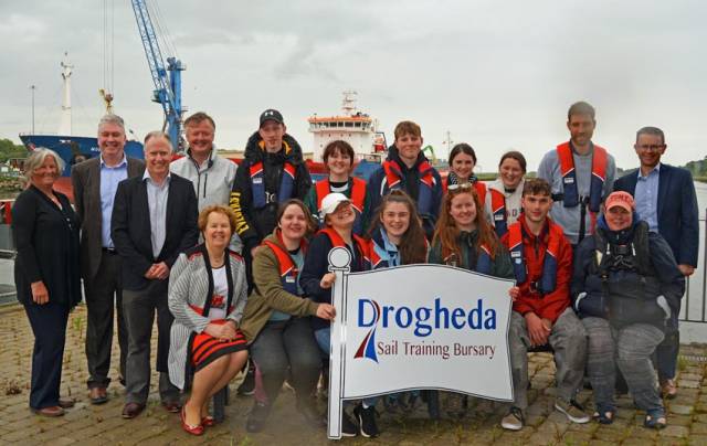 The newly skilled tall ship trainees with bursary sponsors after the week-long adventure on the Brian Ború