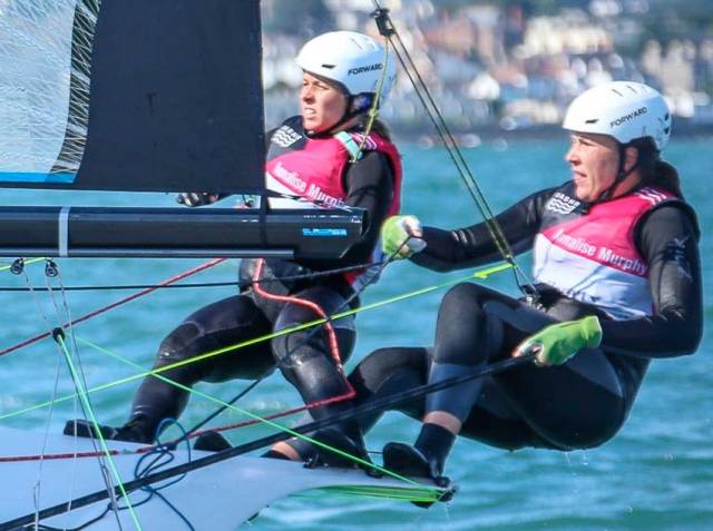 Katie Tingle (left) sailing with Annalise Murphy in the Olympic 49erFX dinghy last year