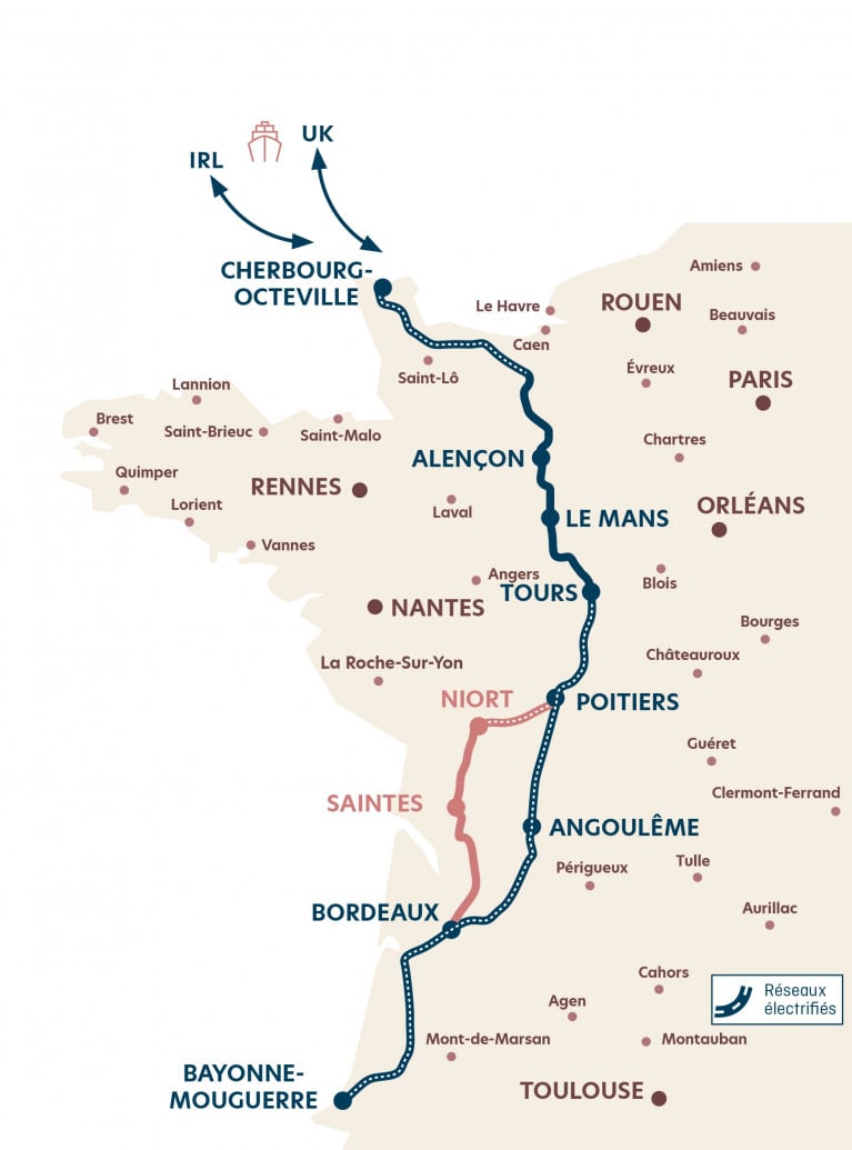 Among the characteristics of Brittany Ferries new 'freight rail-motorway', will benefit UK-France links with Poole, Portsmouth and Rosslare to Cherbourg, where the French port will see a seamless transport of unaccompanied trailers from Ireland and UK to the Iberian Peninsula and vice versa. Plus a reduction of road traffic, congestion and emmissions with the 970km rail journey replacing an alternative 920km road journey.