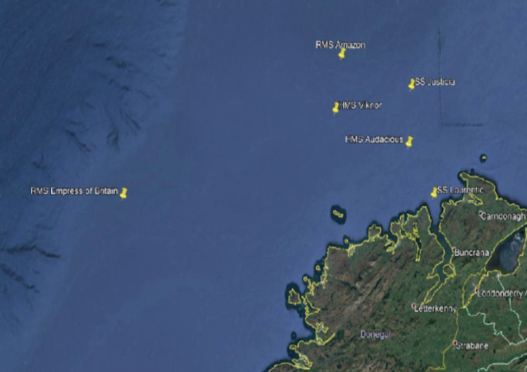 Locations of the wreck sites off Co Donegal that will be surveyed from the RV Celtic Explorer from next week