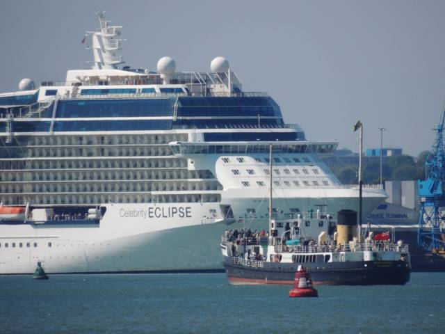 S.S. Shiedhall awarded the UK's 2018 regional flagship for the National Historic Fleet is seen in Southampton with backdrop of 'Solstice' class cruiseship Celebriry Eclipse which Afloat adds is 'home-porting' out of Dublin Port this season. Excursion trips in Solent waters can be made on the Shieldhall which is a former Glasgow based sewage dumping vessel built 1955 by Lobnitz & Co Ltd, Renfrew.