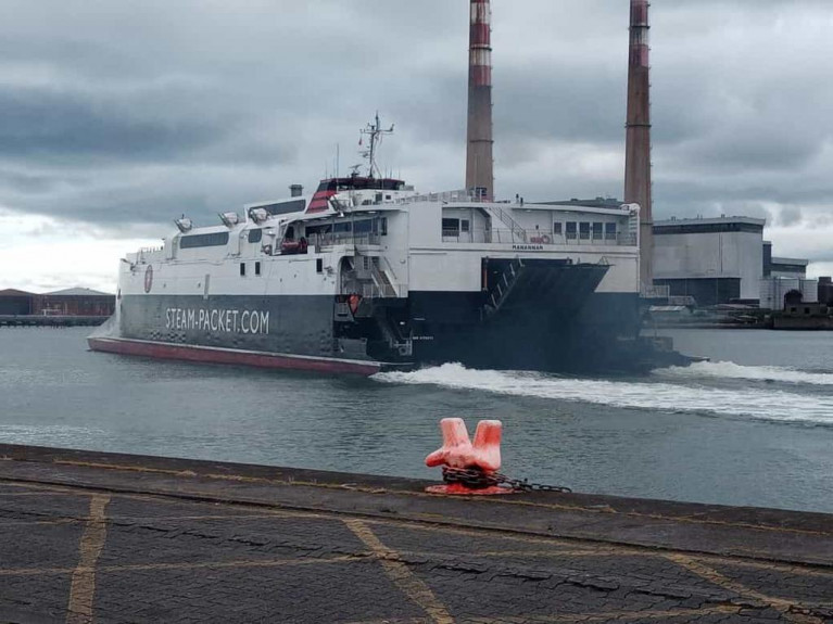 Catamaran fastcraft ferry Manannan built by InCat, underway off the quayside of Dublin Port&#039;s main ferry terminal following opening of the seasonal route to Douglas. The service normally resumes in March but was delayed due to Covid-19 travel restrictions.  