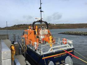 The all-weather lifeboat Alan Massey is prepped for the day’s first callout, a medevac from Heir Island