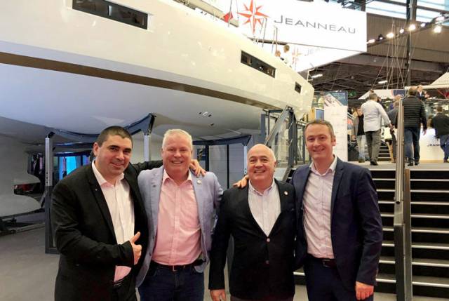 At the Paris Boat Show this week is Jeanneau executive Jean-Philippe Brun, MGM's Gerry Salmon and John O'Kane with Antoine Chancelier also of Jeanneau