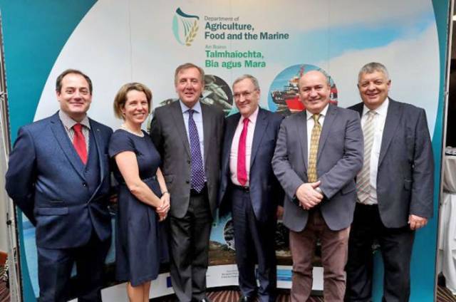 Speakers at the seafood sectoral gialogue on Brexit: Patrick Murphy; Bord Bia CEO Tara McCarthy; Marine Minister Michael Creed; Sean O’Donohue of the Killybegs Fishermans' Association, Lorcán Ó Cinnéide of the Irish Fish Processors and Exporters Association; and Dr Cecil Beamish of the Department of Agriculture, Food and the Marine