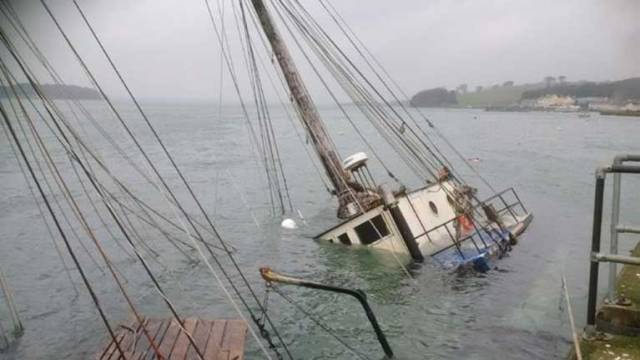 Regina Caelis is still tied to the harbour and lying on her starboard side at Portaferry in Northern Ireland