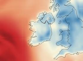 The wind speed projection for Ireland for 2am on Tuesday morning 6 February shows high winds approaching from the west