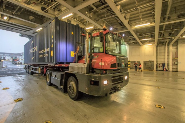 First-driverless CMA-CGM container load taken on-board Brittany Ferries ro-ro freigher Contentin.