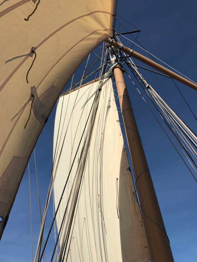 The classic view looking aloft – the restored working ketch Ilen sailed again today, the first time in nearly 20 years