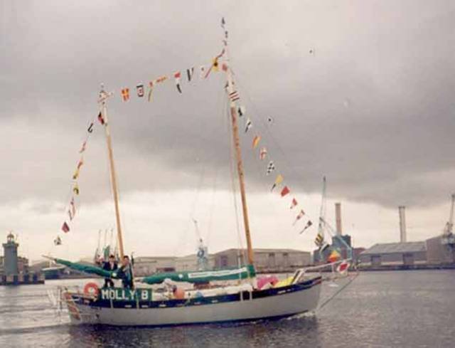 Molly B on the river Liffey, Pete Hogan's self–built 30' gaff rigged ketch which he sailed solo round–the–world
