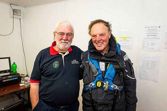 Race Organiser Theo Phelan of Wicklow SC (left) and RORC Commodore Michael Boyd after the latter had finished the hugely-successful Volvo Round Ireland Race 2016 as the highest-placed Irish skipper