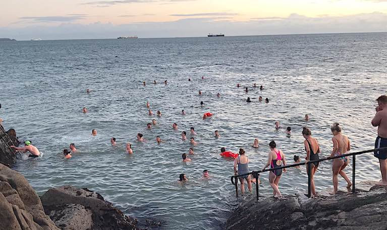 The scene at the popular Dublin Bay bathing spot at the Forty Foot this Wednesday morning at 8am